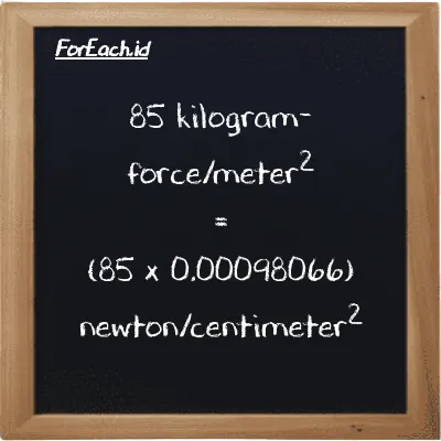 85 kilogram-force/meter<sup>2</sup> setara dengan 0.083357 newton/centimeter<sup>2</sup> (85 kgf/m<sup>2</sup> setara dengan 0.083357 N/cm<sup>2</sup>)